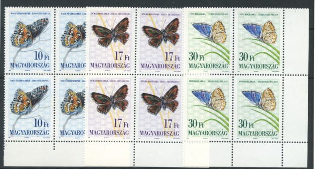 1993 - UNGHERIA - LOTTO/20066Q - FARFALLE 3v. - QUARTINE
