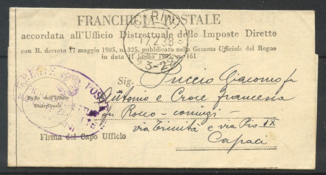 1938 - REGNO - LOTTO/38069 - FRANCHIGIA POSTALE DA CARINI A CAPACI