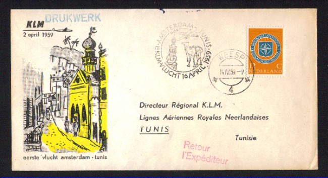 OLANDA - 1959 - LBF/3281 -  1° VOLO KLM  AMSTERDAM/TUNISI