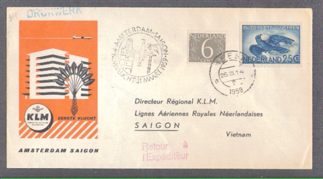 OLANDA - 1959 - LBF/3282 - 1° VOLO KLM  AMSTERDAM/SAIGON