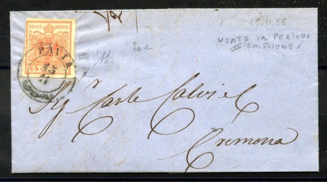 1858 - LOMBARDO VENETO - LOTTO/40556 - 15 CENTESIMI ROSA CHIARO - BUSTA DA PAVIA