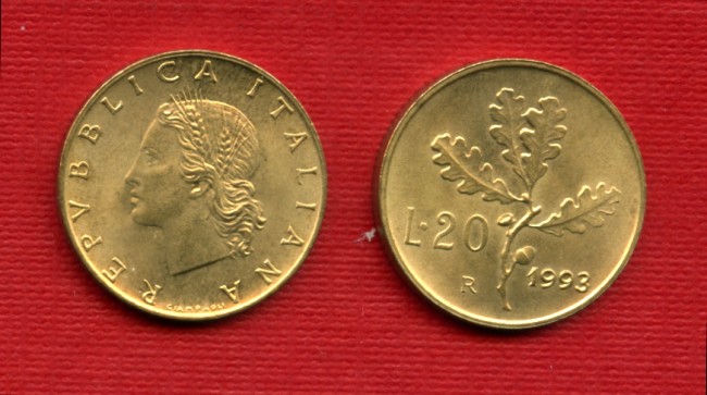 1993  - LOTTO/M21184 - REPUBBLICA - 20 LIRE RAMO DI QUERCIA