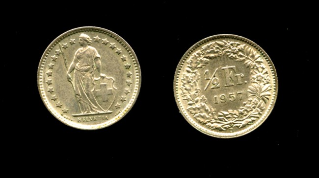 1957 - LOTTO/M15790 - SVIZZERA - 1/2  FRANCO ARGENTO