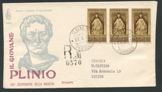 1961 - LOTTO/15987 - REPUBBLICA - PLINIO GIOVANE - BUSTA FDC
