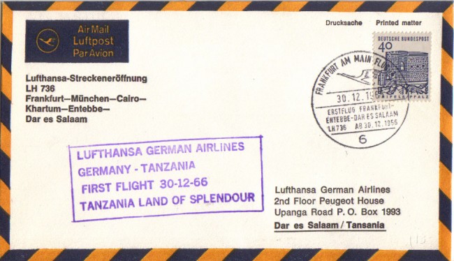 GERMANIA - 1966 - LBF/3239 - PRIMO VOLO LUFTHANSA  GERMANIA/TANZANIA
