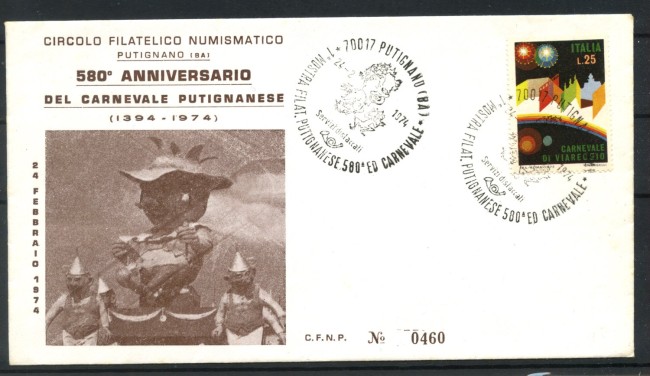 1974 - REPUBBLICA - LOTTO/47675 - CARNEVALE DI PUTIGNANO - BUSTA NUMERATA