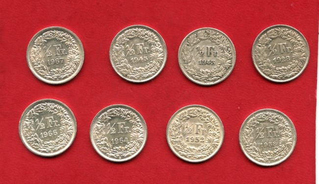 1928/1967 - SVIZZERA - LOTTO/M43406 - INSIEME DI 8 MONETE DA 1/2 FRANCO ARGENTO