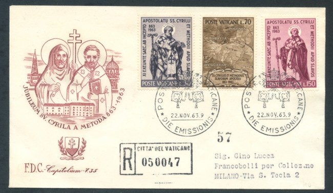 1963 - VATICANO - S.CIRILLO E METODIO 2v. - BUSTA FDC - LOTTO/25723