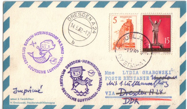 JUGOSLAVIA - 1962 - LBF/3265 - VOLO LUFTHANSA BERLIN/HERIGSDORF