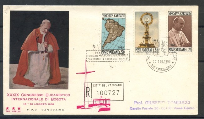 1968 - VATICANO - VIAGGIO A BOGOTA - BUSTA FDC TRE STELLE VIAGGIATA - LOTTO/27636