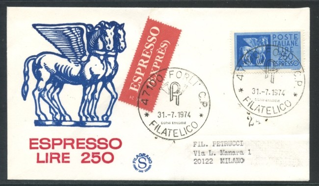 1974 - REPUBBLICA - 250 LIRE ESPRESSO CAVALLI  - BUSTA FDC FILAGRANO VIAGGIATA - LOTTO/27468