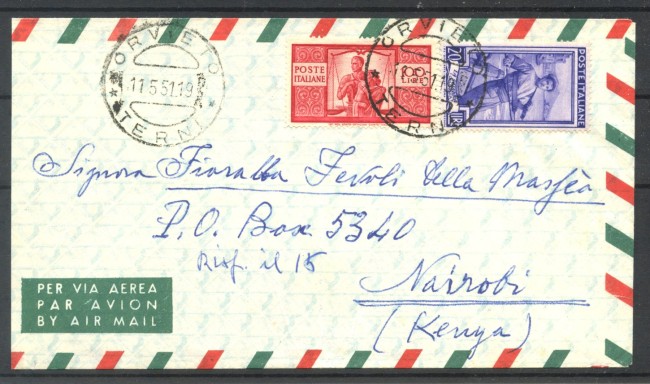 1951 - REPUBBLICA - LOTTO/40374 - BUSTA AFFR. CON 100 LIRE DEMOCRATICA PER  NAIROBI KENIA