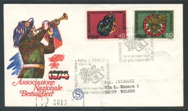 1974 - REPUBBLICA - ASSOCIAZIONE BERSAGLIERI - BUSTA FDC FILAGRANO VIAGGIATA - LOTTO/27439