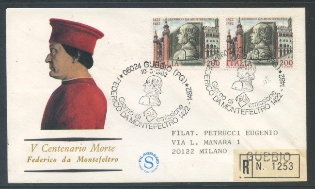1982 - REPUBBLICA - FEDERICO DA MONTEFELTRO - BUSTA FDC FILAGRANO VIAGGIATA - LOTTO/18472A