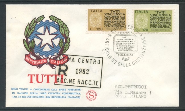 1977 - REPUBBLICA - FEDELTA' CONTRIBUTIVA - BUSTA FDC FILAGRANO VIAGGIATA - LOTTO/27303