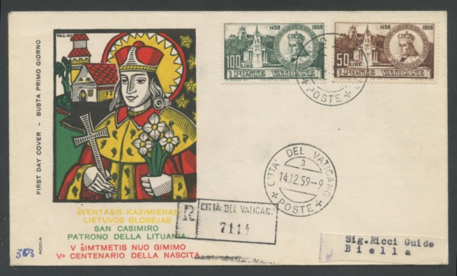 1959 - LOTTO/16026 - VATICANO - SAN CASIMIRO - BUSTA FDC