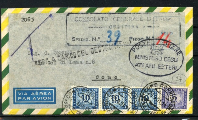 1951 - REPUBBLICA - LOTTO/47767 - PLICO DIPLOMATICO DAL CONSOLATO ITALIANO IN BRASILE