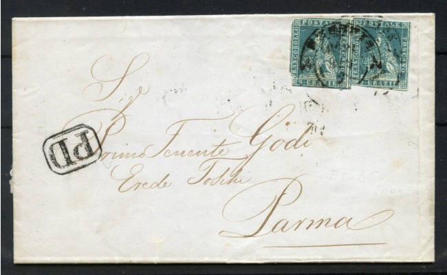 1856 - TOSCANA - LOTTO/40771 - 2 CRAZIE  VERDE AZZURRO  SU LETTERA DA FIRENZE A PARMA