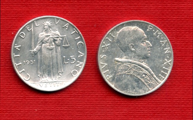 1951 - LOTTO/M21493 - VATICANO - 5 LIRE PIO XII°