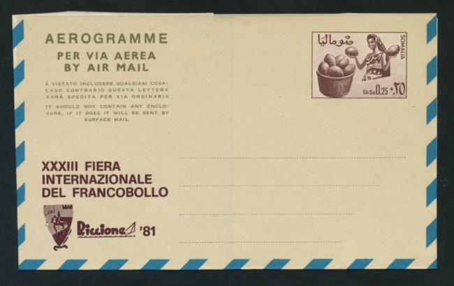 1981 - LOTTO/17176 - SOMALIA - AEROGRAMMA 0,25 Sh. RICCIONE - NUOVO
