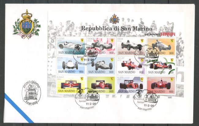 1998 - SAN MARINO - 50 ANNI DI FERRARI - FOGLIETTO BUSTA FDC - LOTTO/31785