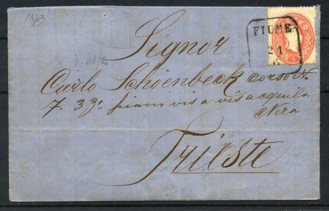 1863 - FIUME - LOTTO/39822 - 5s. ROSSO - LOMBARDO VENETO  SU BUSTA PER TRIESTE