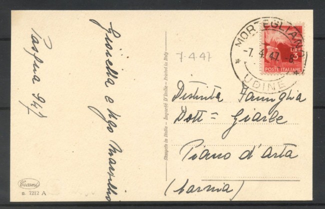 1947 - REPUBBLICA - LOTTO/47714 - CARTOLINA DA MORTEGLIANO (UD) CON 3 LIRE DEMOCRATICA
