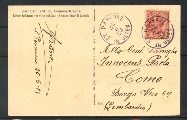 1923 - REGNO - LOTTO/40436 - CARTOLINA DA ULTEN TIROLO CON ANNULLO AUSTRIACO