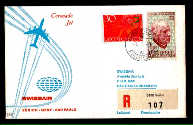 LIECHTENSTEIN -1968 -  LBF/3268 - VOLO INAUGURALE SWISSAIR ZURIGO/SAN PAOLO