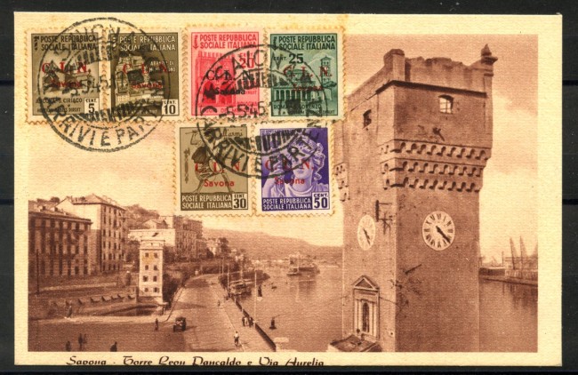1945 - C.L.N. SAVONA - LOTTO/40129 - 6 VALORI SU CARTOLINA PER BERGAMO