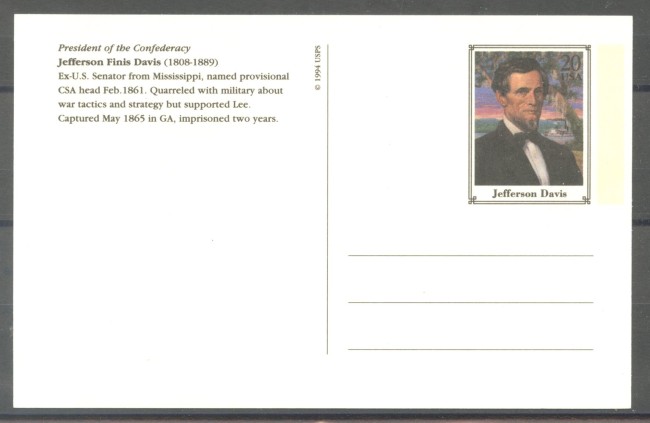1994 - STATI UNITI - LOTTO/39911 - JEFFERSON DAVIS - CARTOLINA POSTALE - NUOVA