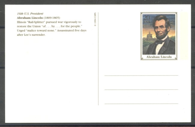 1994 - STATI UNITI - LOTTO/39903 - ABRAHAM LINCOLN - CARTOLINA POSTALE - NUOVA