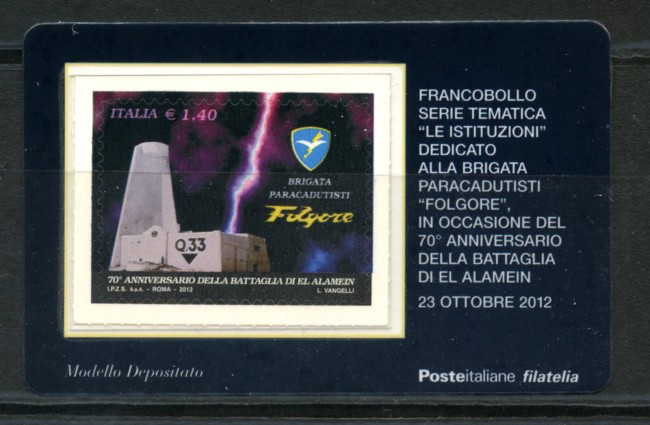 2012 - LOTTO/22807 - REPUBBLICA - BRIGATA FOLGORE - TESSERA FILATELICA
