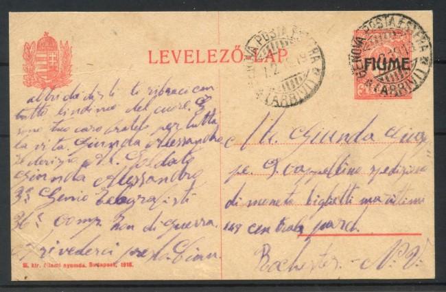 1919 - FIUME - LOTTO/39759 - CARTOLINA POSTALE  10F. - VIAGGIATA