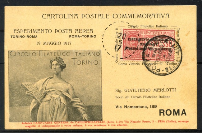 1917 - REGNO - LOTTO/40072 - ESPERIMENTO POSTA AEREA TORINO ROMA