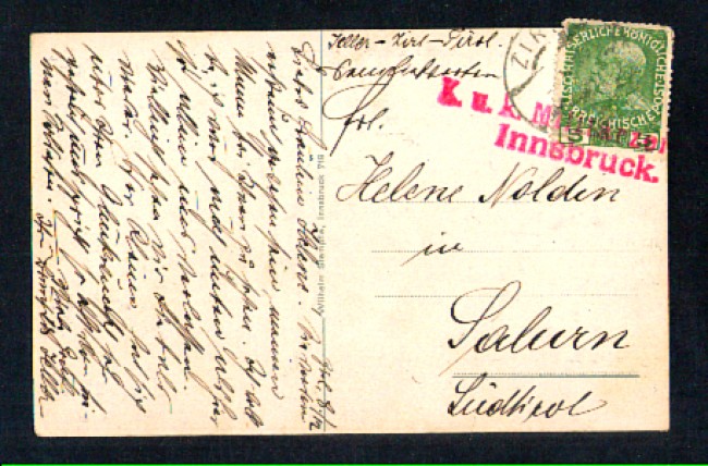 1912 - LOTTO/10788 - AUSTRIA - 5 H. F. GIUSEPPE SU CARTOLINA DA ZIRL