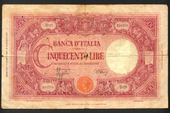 1943 - REPUBBLICA - LOTTO/42866 - 500 LIRE GRANDE "C"  (BI)