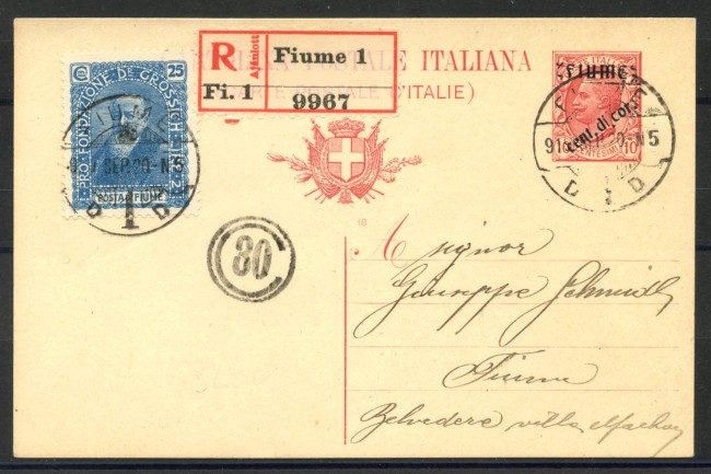 1919 - FIUME - LOTTO/39764 - CARTOLINA POSTALE 10F. - VIAGGIATA