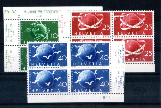 1949 - LOTTO/SVI476CPNQ - SVIZZERA - 75° ANNIVERSARIO U.P.U. 3v. - QUARTINE NUOVI
