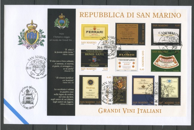 2005 - SAN MARINO - GRANDI VINI ITALIANI FOGLIETTO - BUSTA FDC - LOTTO/36769
