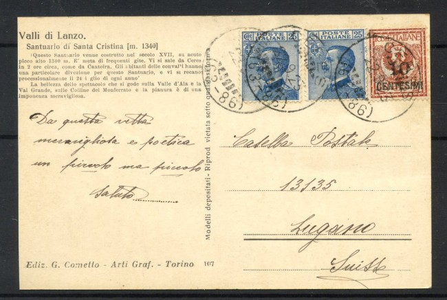 1923 - REGNO - LOTTO/48512 - CARTOLINA ILLUSTRATA VALLI DI LANZO  VIAGGIATA PER L'ESTERO