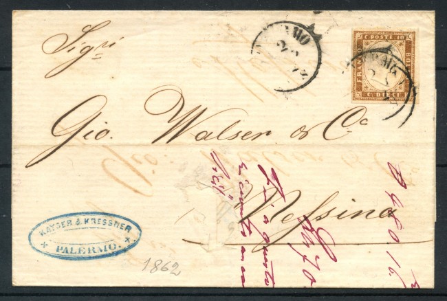 1862 - SARDEGNA - LOTTO/30280 -  10 cent. BISTRO BRUNO SU PIEGHEVOLE PER MESSINA -