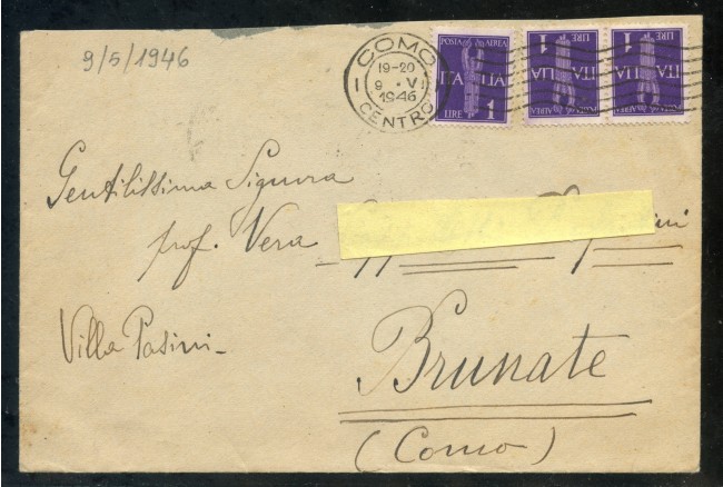 9/6/1946 - REGNO DI UMBERTO I° - BUSTA DA COMO PER CITTA' AFFR.CON VALORI DI POSTA AEREA - LOTTO/29976