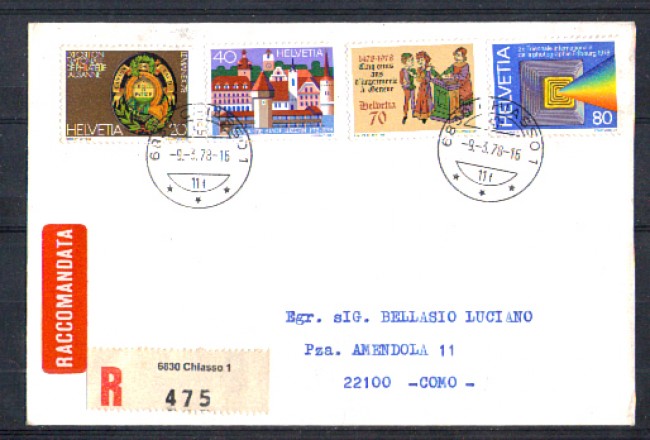 1978 - LOTTO/SVI1049FDCR - SVIZZERA - PROPAGANDA 4v.- BUSTA FDC RACCOMANDATA