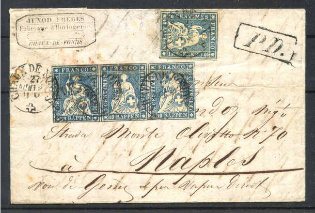 1862 - SVIZZERA - LOTTO/40384 - LETTERA PER NAPOLI AFFRANCATA CON 4 FRANCOBOLLI DA 10 RAPPEN