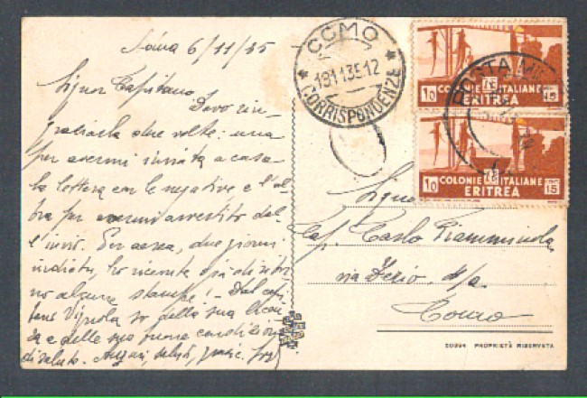 1935 - LOTTO/1386 - ERITREA - 15 CENT. PITTORICA SU CARTOLINA