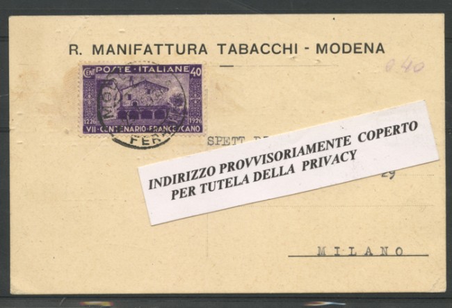 1927 - LOTTO/14625 - MODENA - 40c. S. FRANCESCO SU CARTOLINA COMMERCIALE