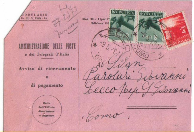 1949 - REPUBBLICA - LBF/720 LECCO  AVVISO DI RICEVIMENTO