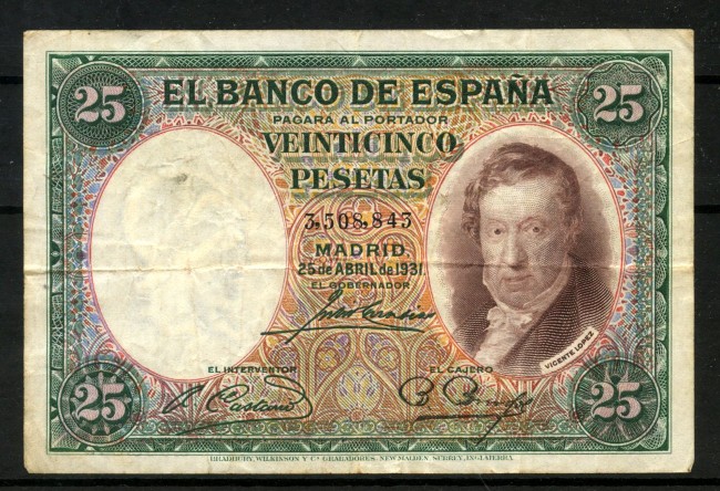 Spain 1931 25 Pesetas Vicente Lopez Banknote - LOTTO/48602
