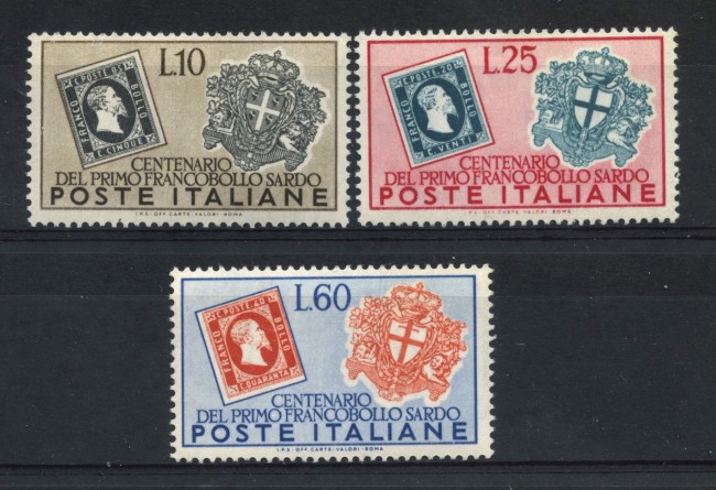 1951 - REPUBBLICA - CENTENARIO FRANCOBOLLI DI SARDEGNA 3v.  - NUOVI - LOTTO/30328